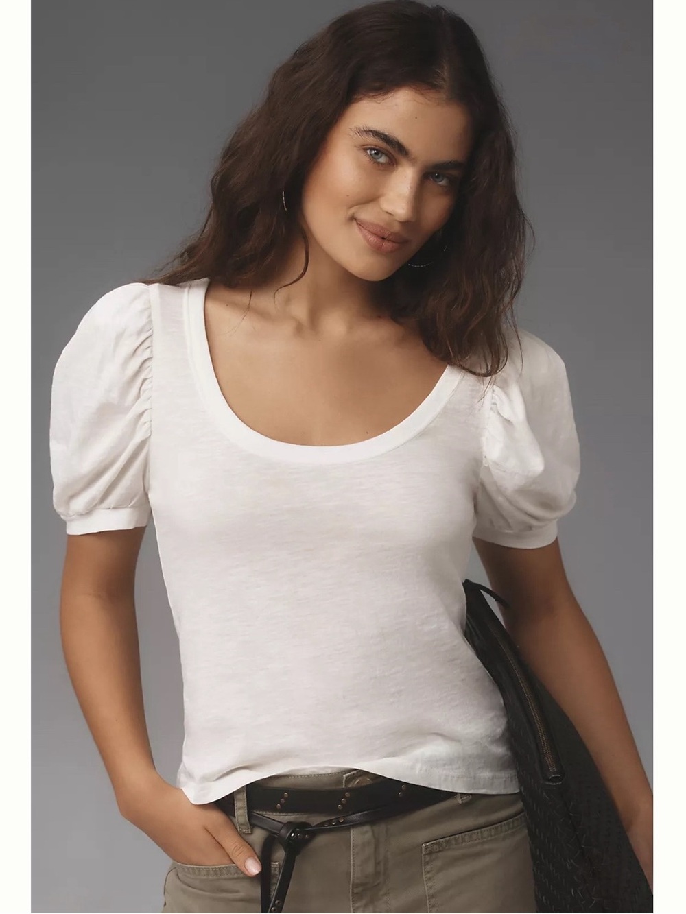 By Anthropologie White Puff-Sleeve Scoop-Neck Top, sz Small